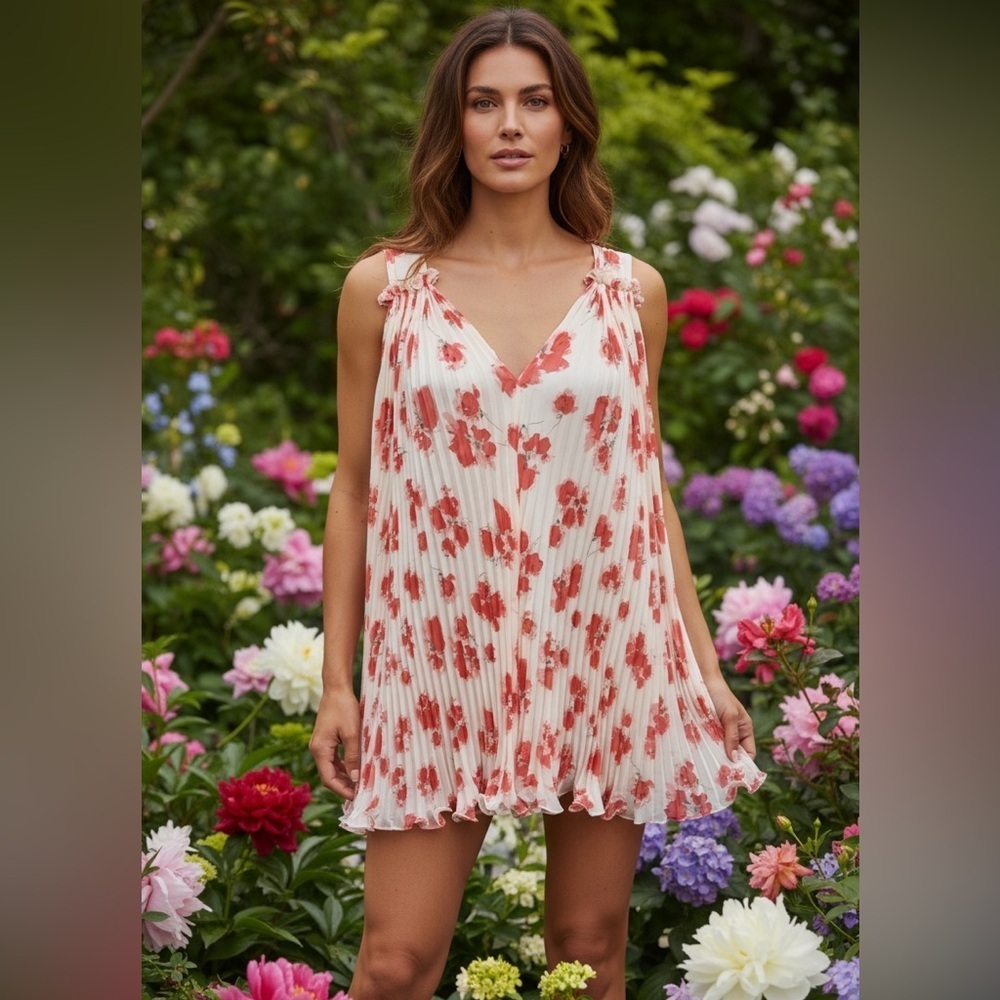MM COUTURE BY MISS ME RED POPPY PRINT ACCORDION PLEATED PARTY MINI DRESS SIZE LG